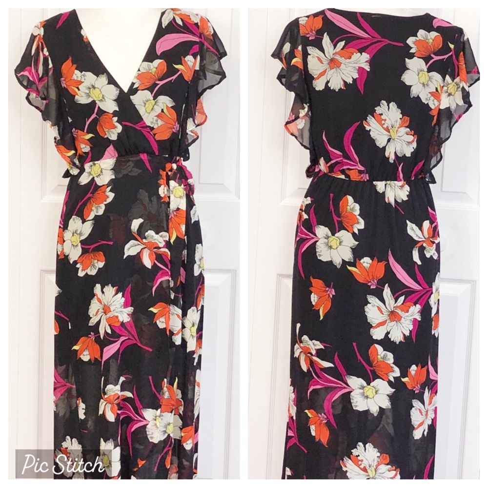 NWT Japna Black Floral Flutter Sleeve Faux Wrap Midi Dress Medium